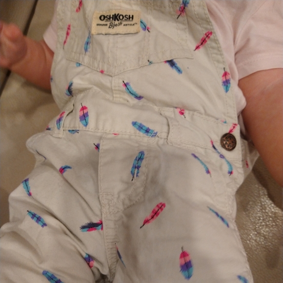 OshKosh B'gosh Other - 9m Oshkosh beige overalls with blue and pink feathers